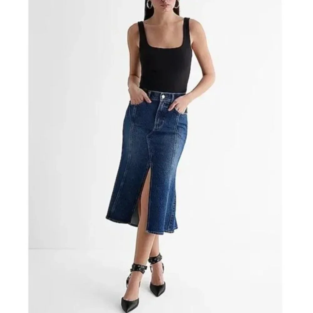 Express Super High Waisted Flare Hem Front Slit Denim Midi Skirt 8 - Picture 2 of 10